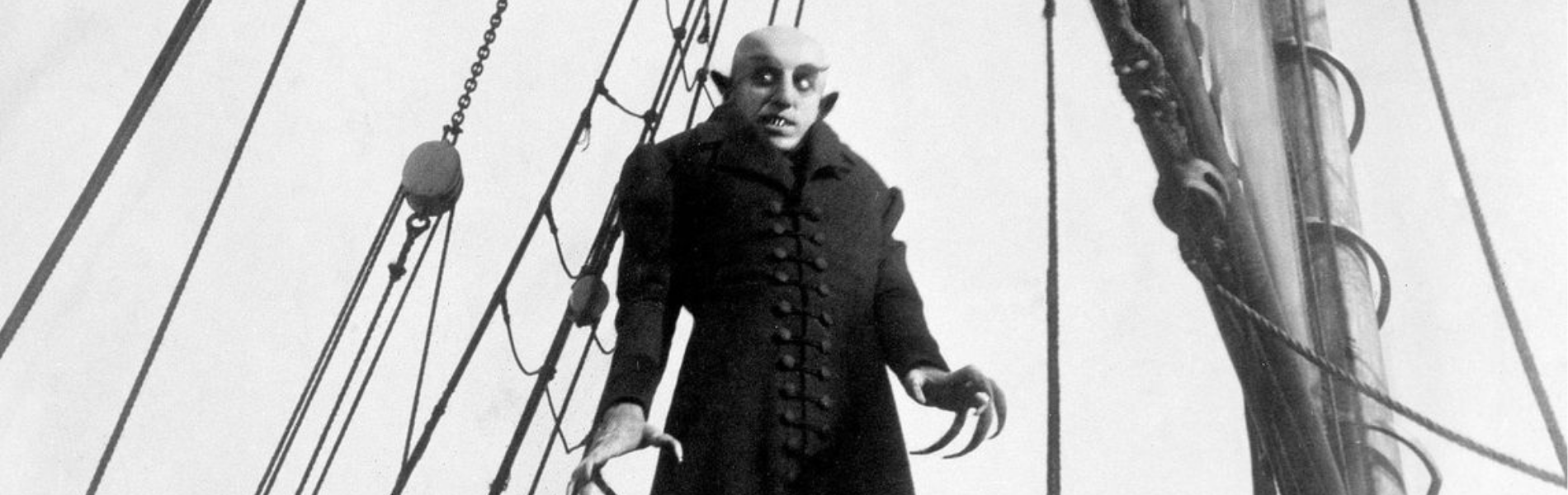 A black and white image of the vampire monster from the 1922 film, Nosferatu