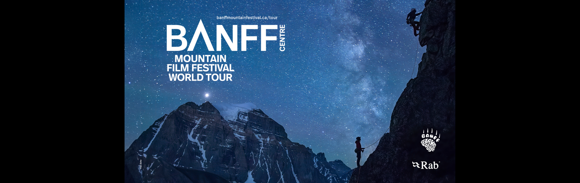 An image of a climber in silhouette on a mountain with the night sky in the background. The words, 'Banff Centre Mountain Film Festival World Tour' in white lettering.