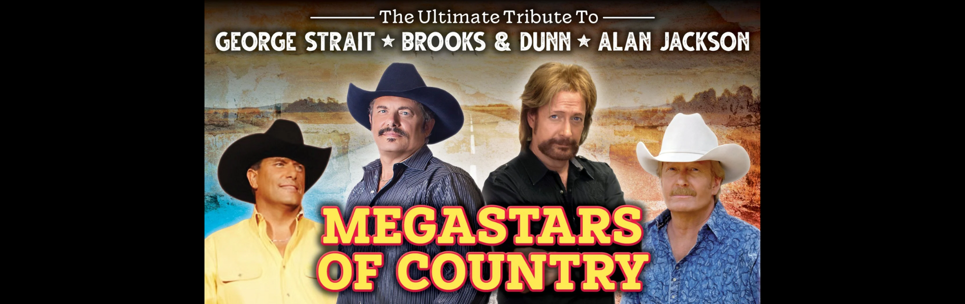 An image of four people with the words, 'Megastars of Country' below them in yellow lettering.