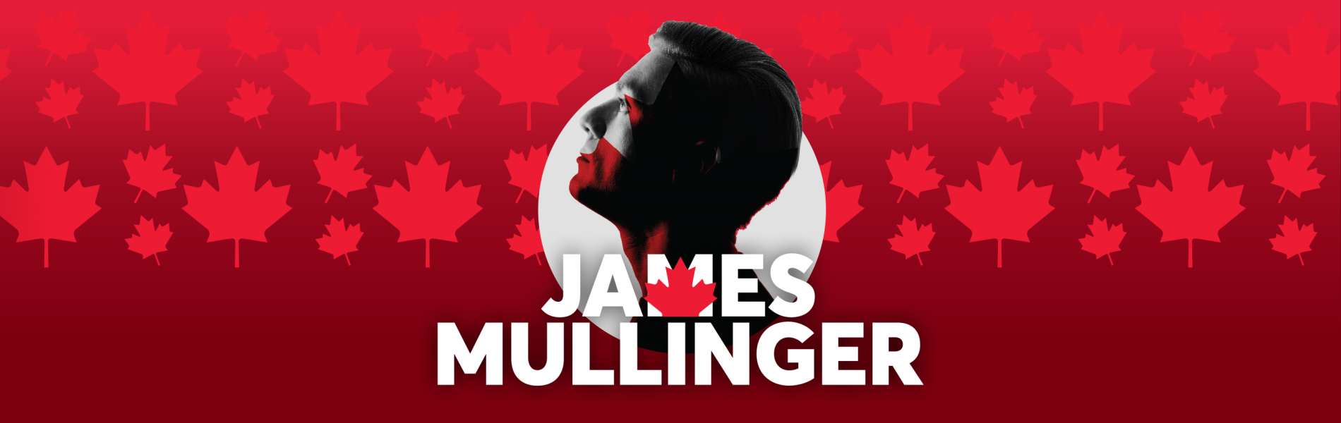 A side view of James mullingers head over a red background with red maple leaves. The words, 'James Mullinger' in white block letters under his image.