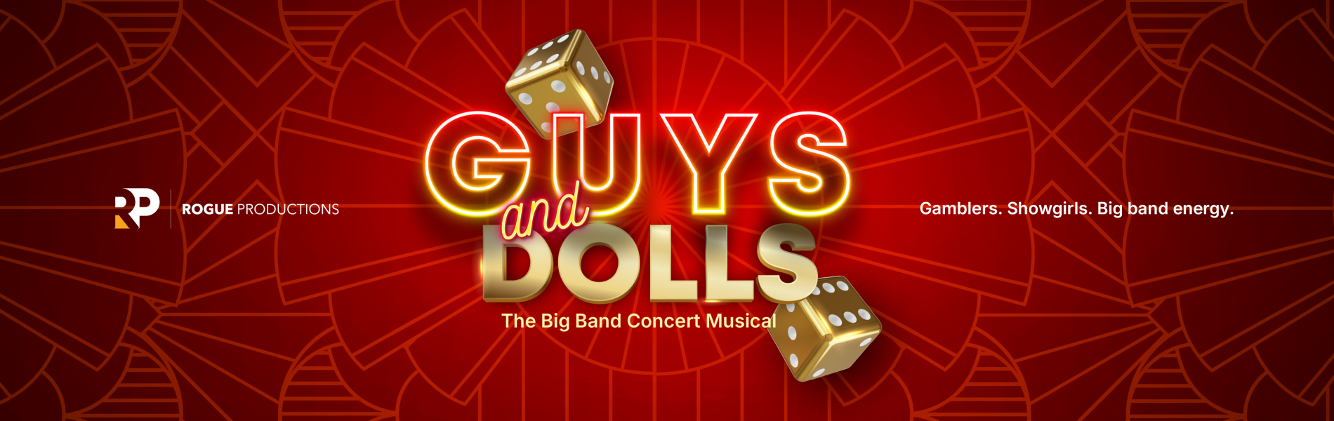 The words, 'Guys and Dolls The Big Band Concert Musical' over a red background.