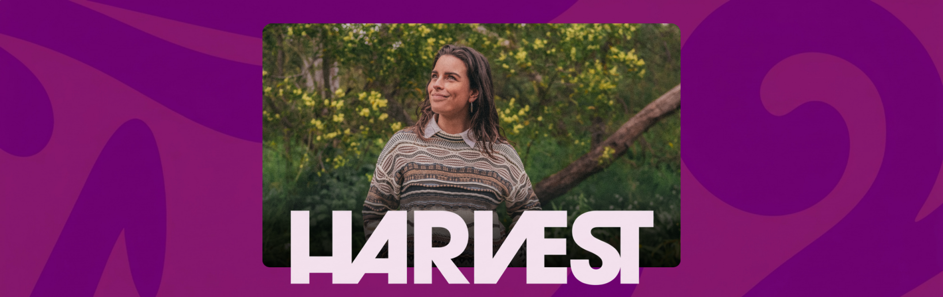 An image of Steph Strings outside looking off in the distance. The word HARVEST is below the image in light purple lettering.