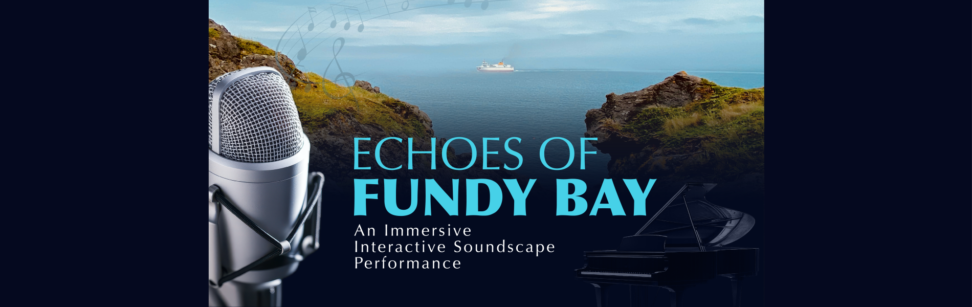 The words, 'Echoes of Fundy Bay' in blue lettering over a beautiful scenic image with a microphone in the left corner.