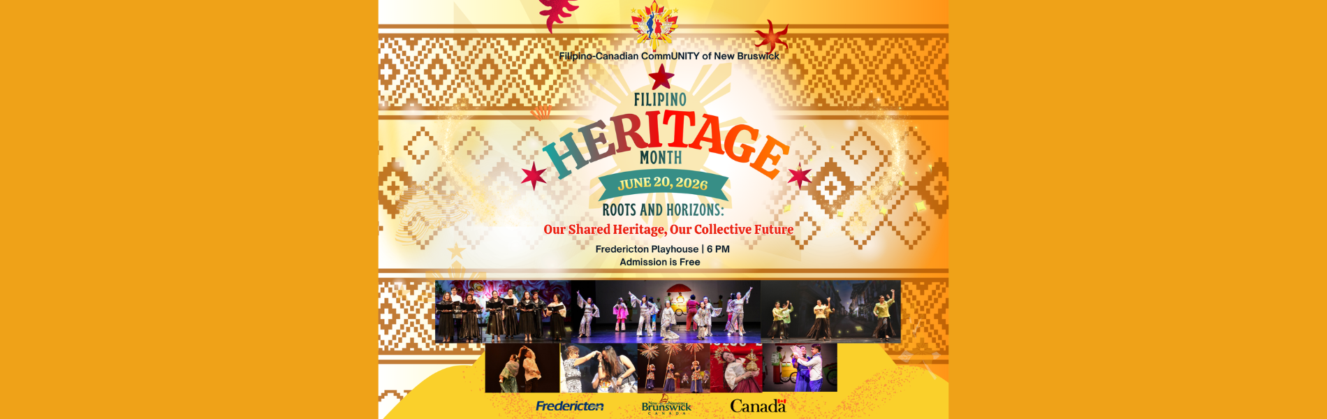 The words, 'Filipino Heritage Month June 20, 2026 Roots And Horizons' over a bright yellow background. Multiple photos of various performers are lining the bottom of the image.