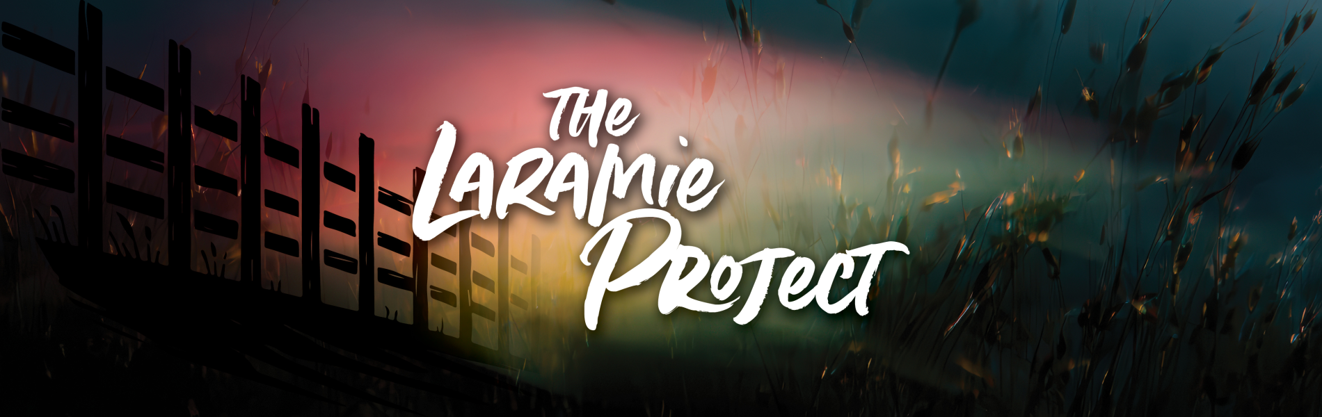 The words, 'The Laramie Project' in white lettering over a black, pink and yellow background.