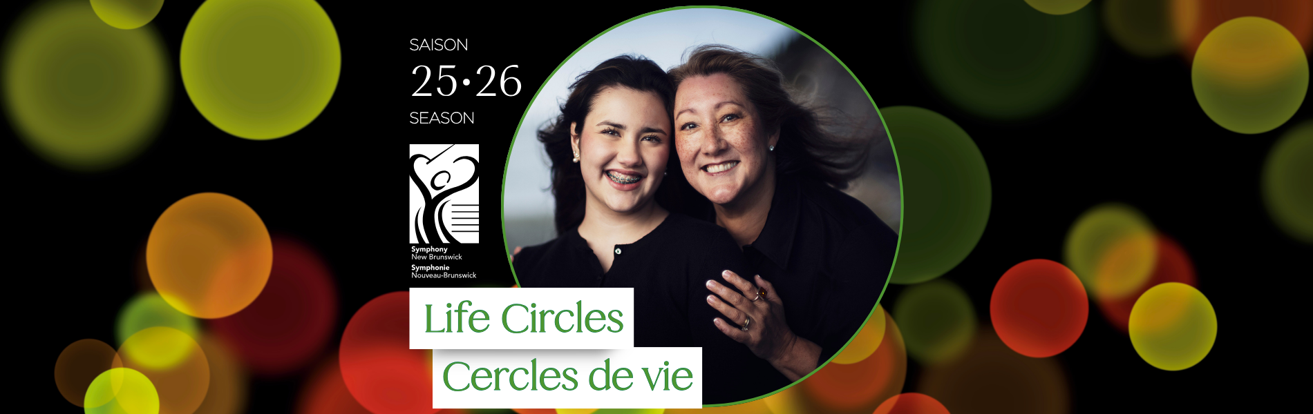 An image with two people centered. The words, Life Cycles in green lettering.