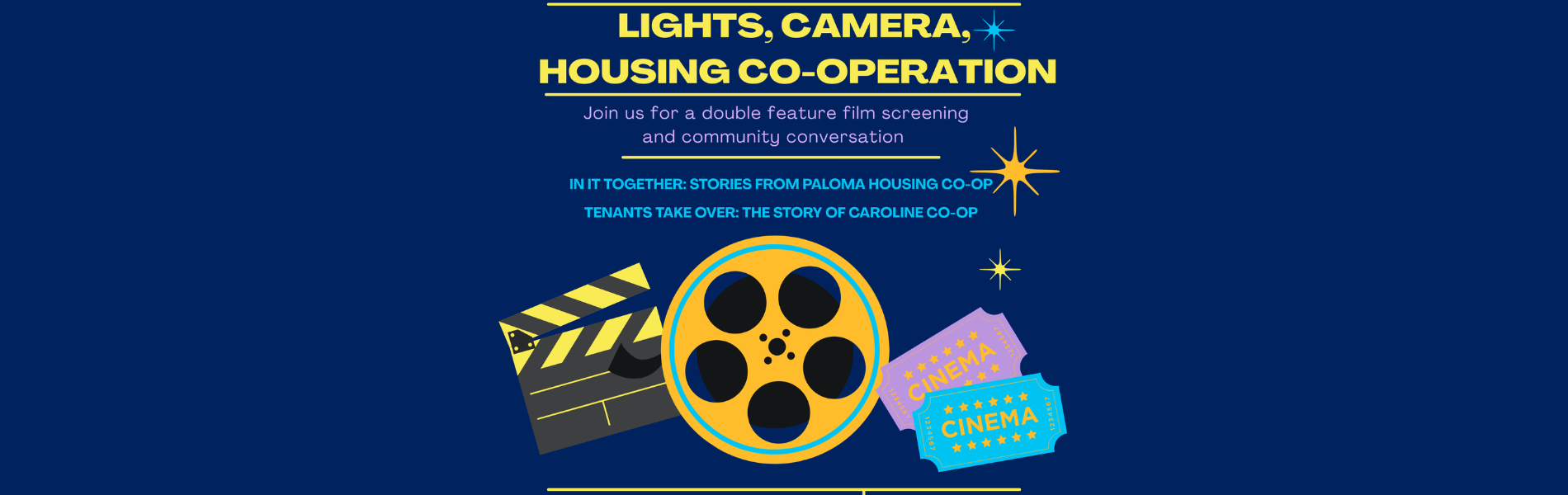 The words, 'Lights, Camera, Co-operative Housing' in yellow lettering over a dark blue background. An image of film, tickets and a film slate below the wording.